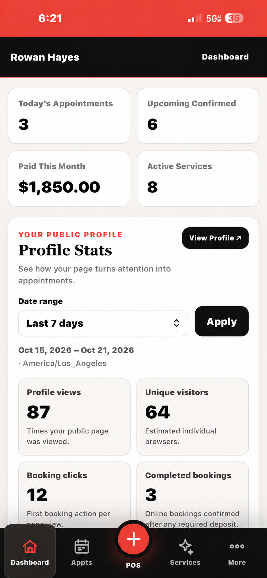 Fictional tattooer dashboard with appointment and account activity