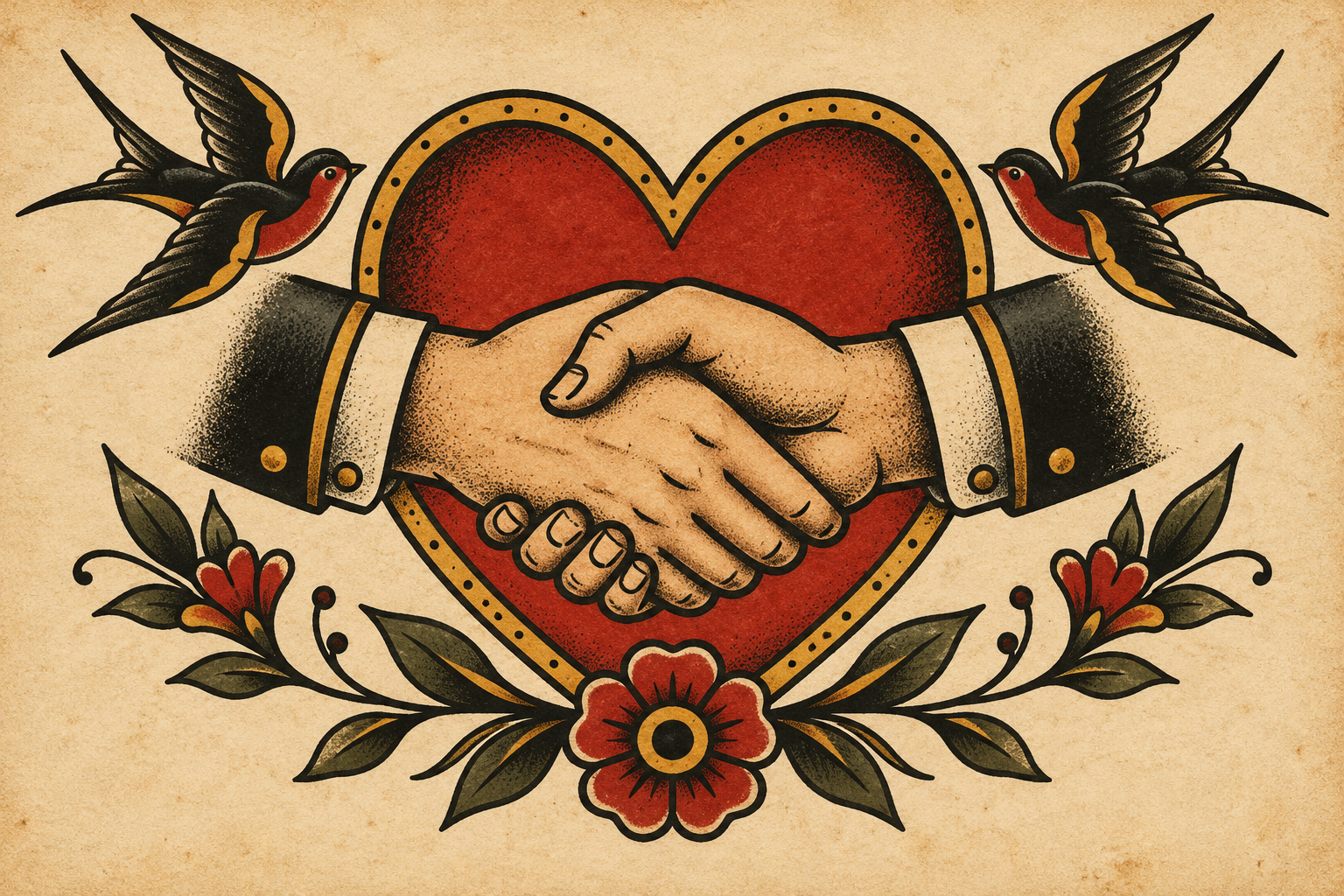 Vintage traditional tattoo illustration of a handshake, red heart and swallows