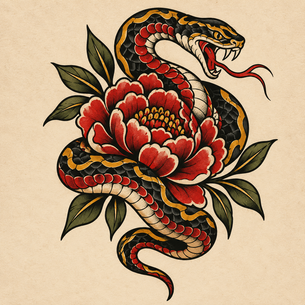 Coiled Snake & Peony flash design