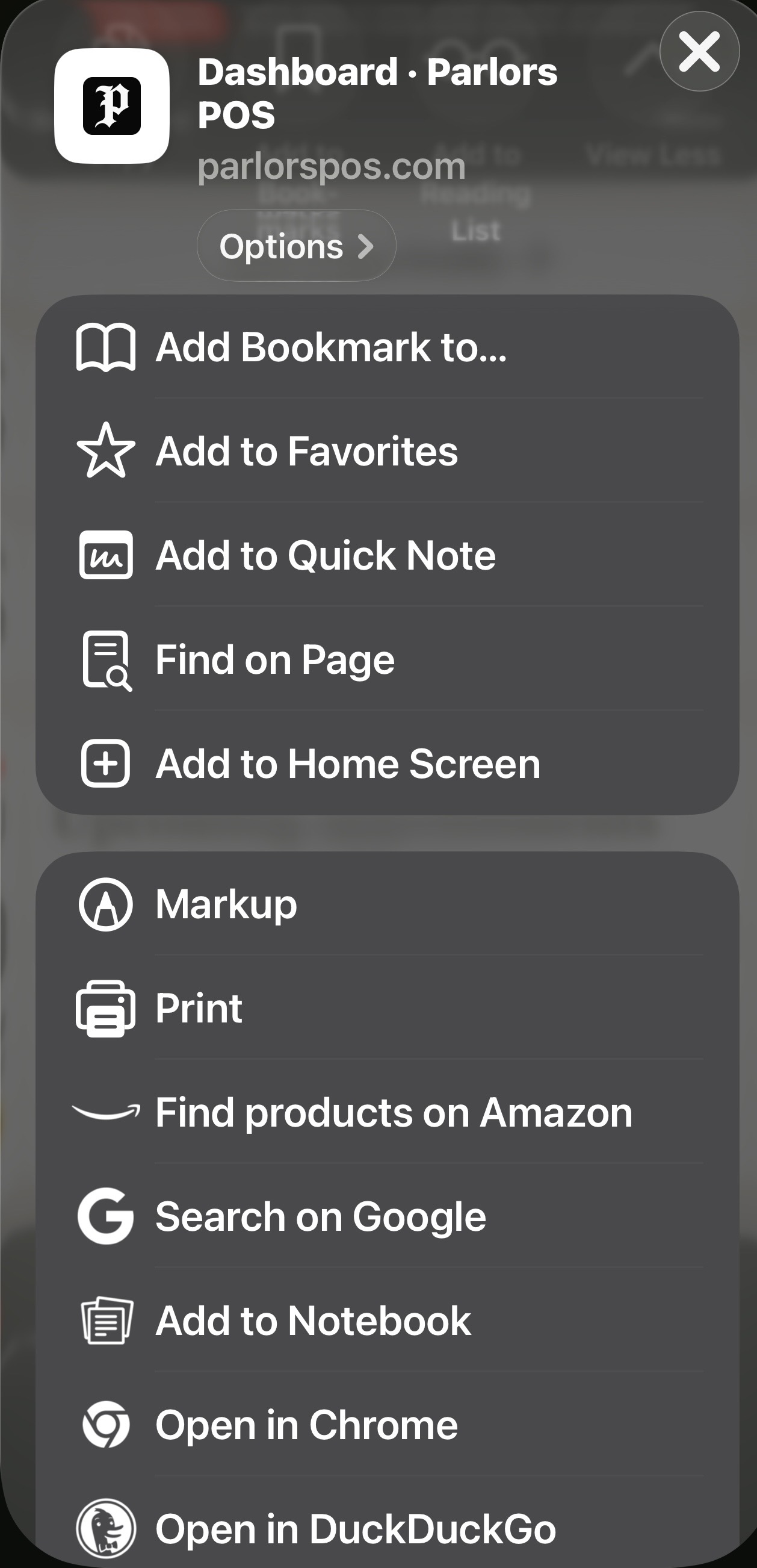 Chrome menu showing Add to Home Screen for Parlors POS