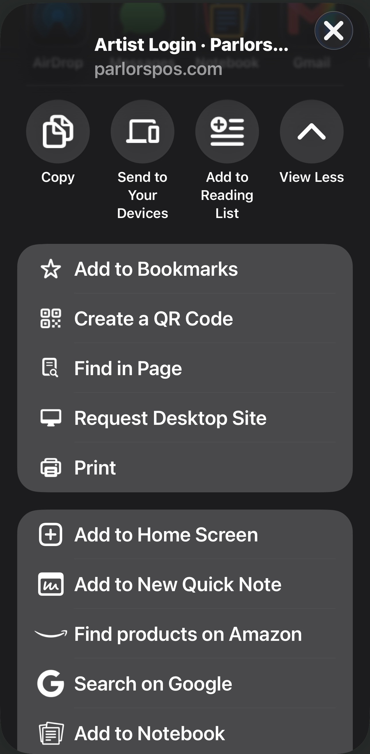 Safari share menu showing Add to Home Screen for Parlors POS