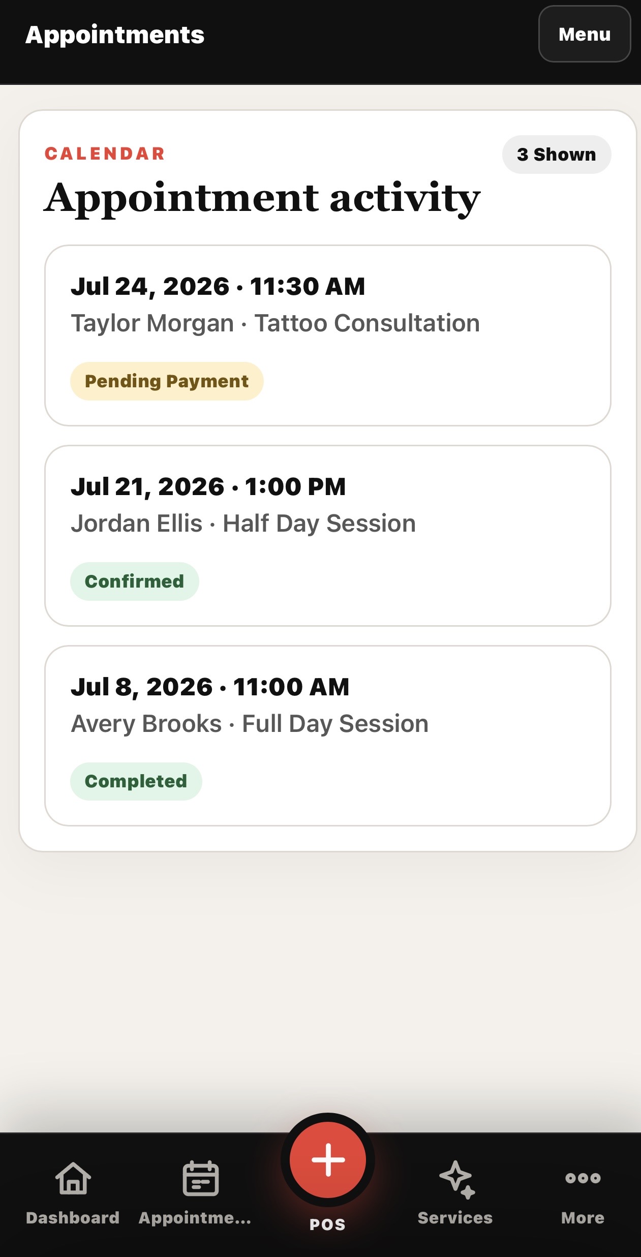 Online tattoo appointments managed in Parlors POS