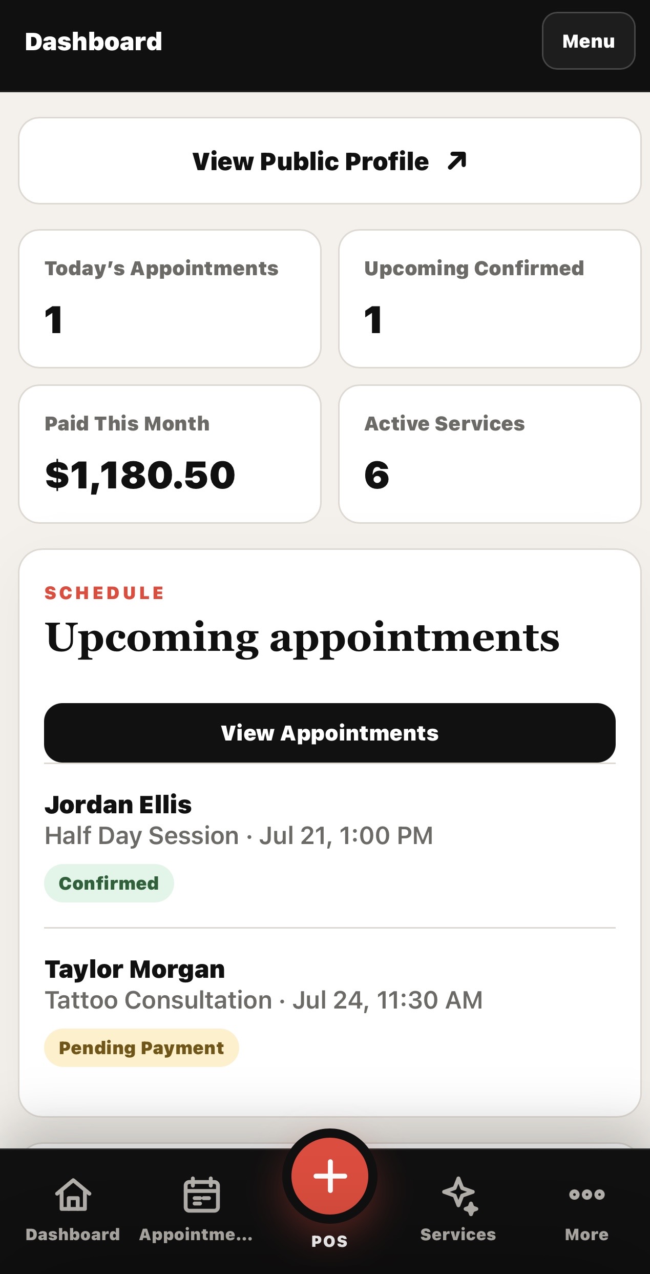 Parlors POS mobile tattoo artist dashboard showing appointments, monthly sales and active services
