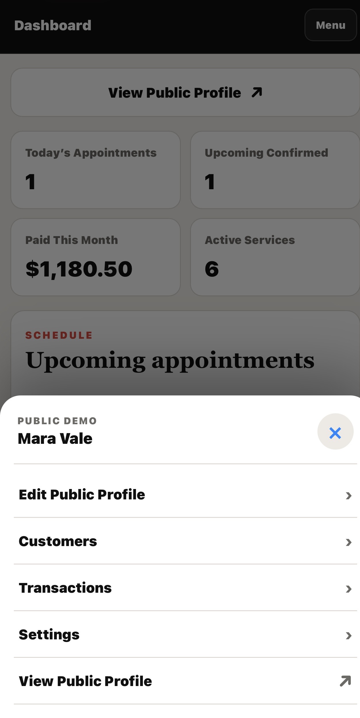 Parlors POS mobile menu for customers transactions settings and public profile