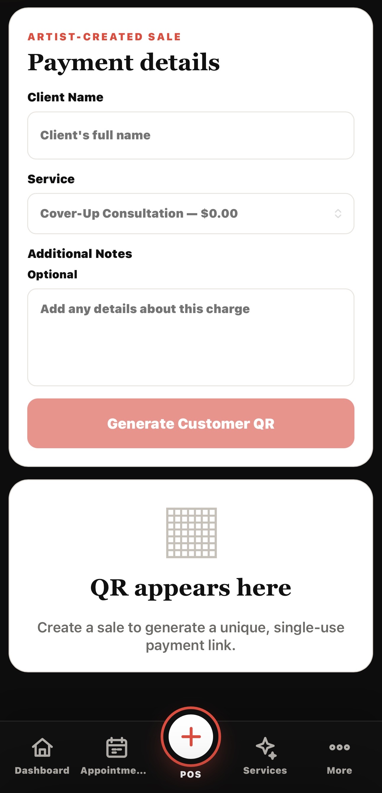 Parlors POS mobile point of sale generating a customer QR payment link